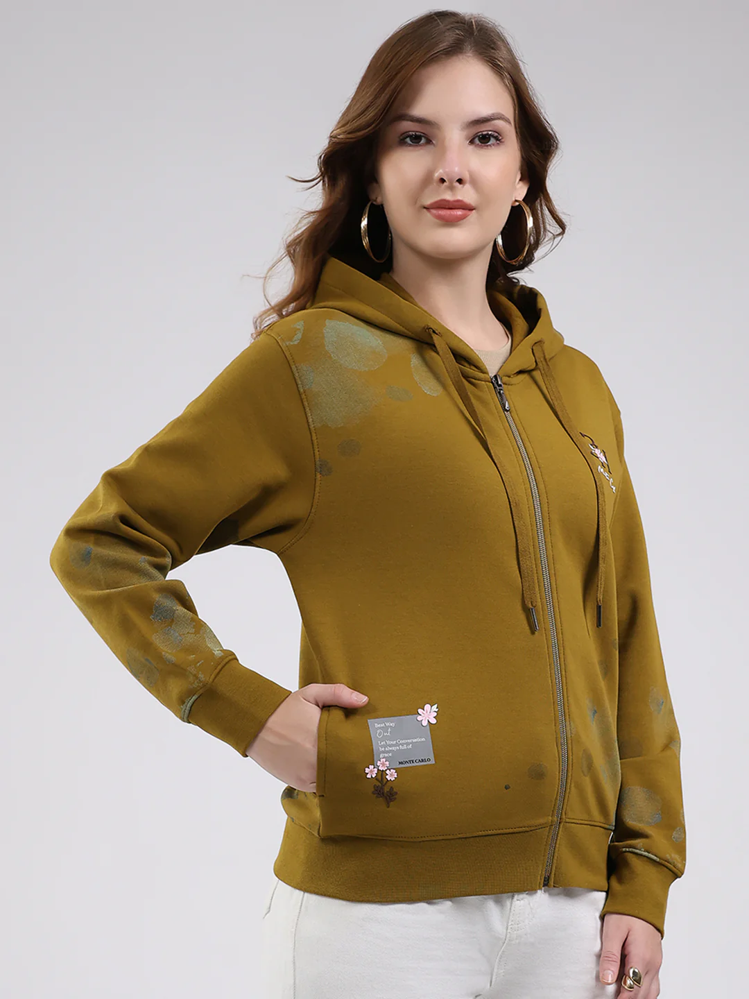 Women Olive Printed Hooded Full Sleeve Sweatshirt - Image 4