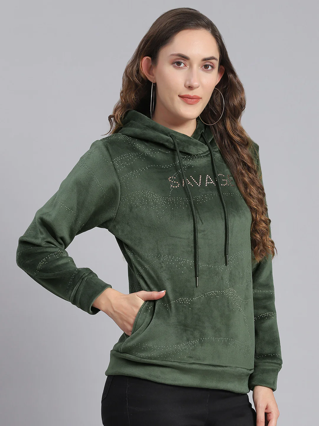 Women Olive Printed Hooded Full Sleeve Sweatshirts - Image 4