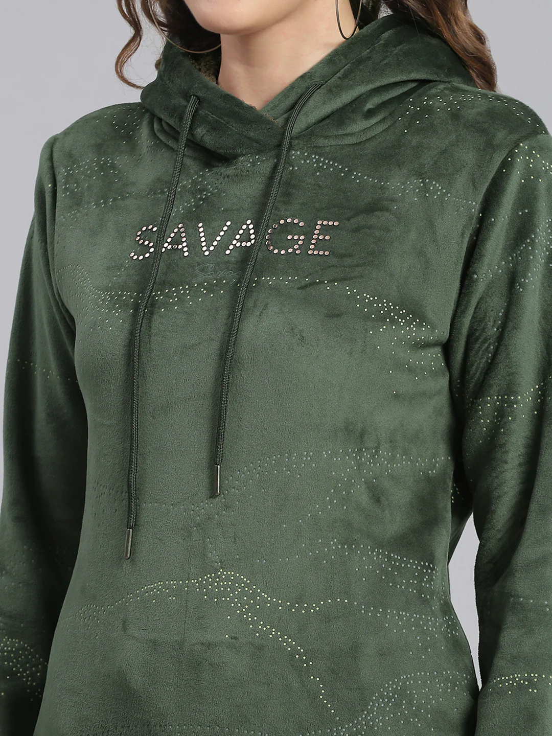 Women Olive Printed Hooded Full Sleeve Sweatshirts - Image 6