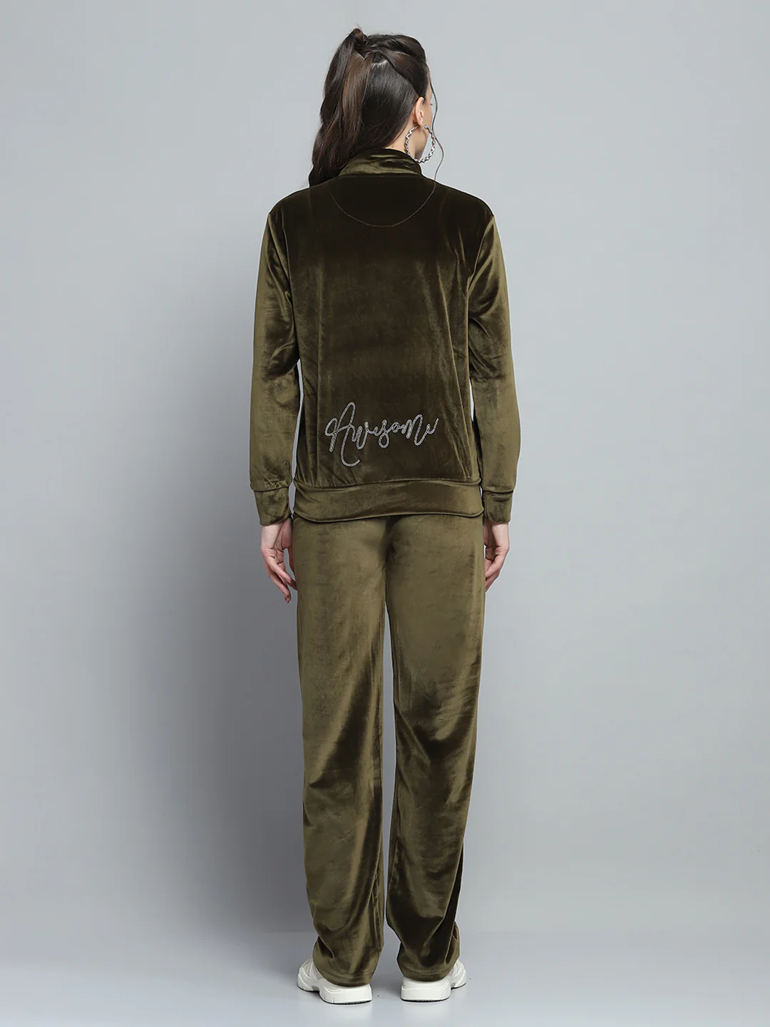 Women Olive Printed Mock Neck Full Sleeve Cords Set - Image 5