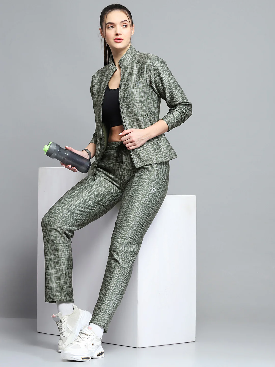 Rock.it Women Olive Printed Mock Neck Full Sleeve Tracksuit - Image 2