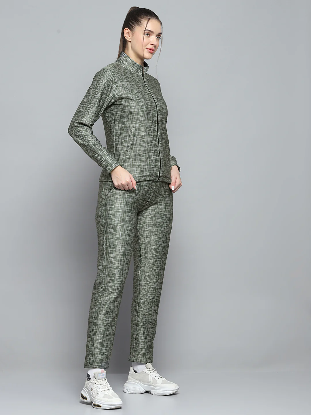 Rock.it Women Olive Printed Mock Neck Full Sleeve Tracksuit - Image 4