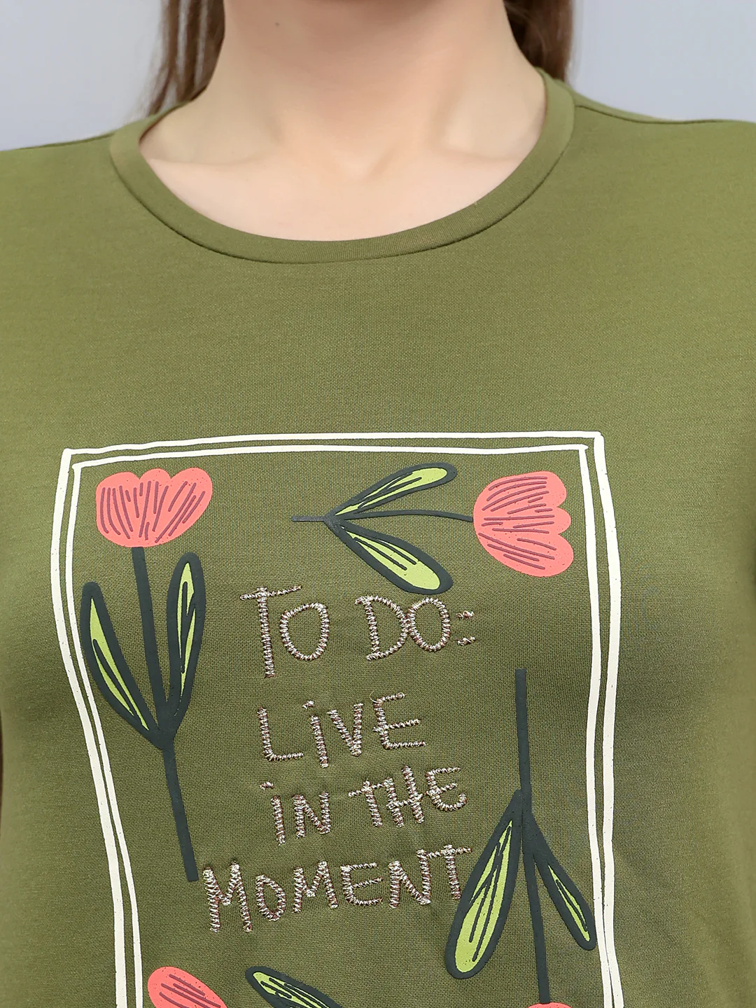 Women Olive Printed Round Neck Half Sleeve Lower Set - Image 5