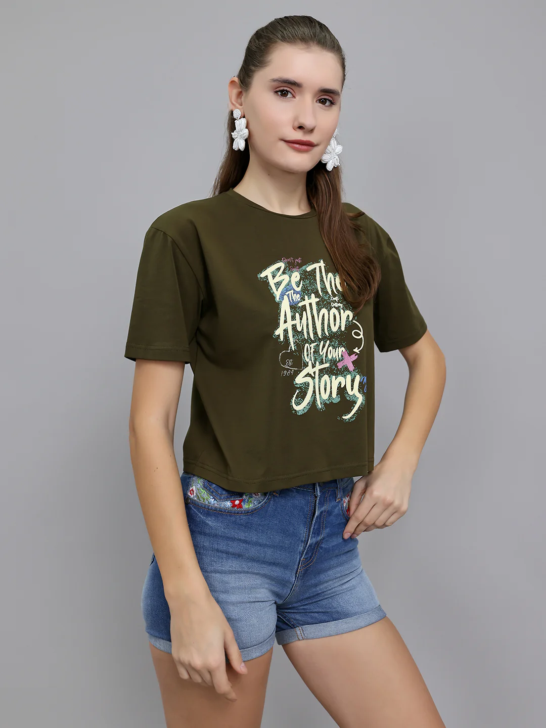 Women Olive Printed Round Neck Half Sleeve Top - Image 3