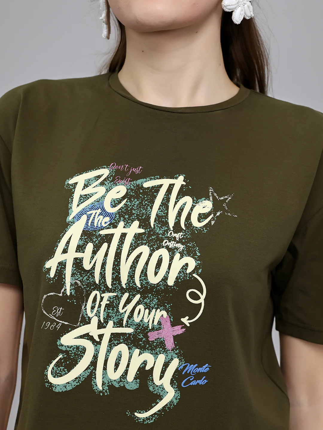 Women Olive Printed Round Neck Half Sleeve Top - Image 5