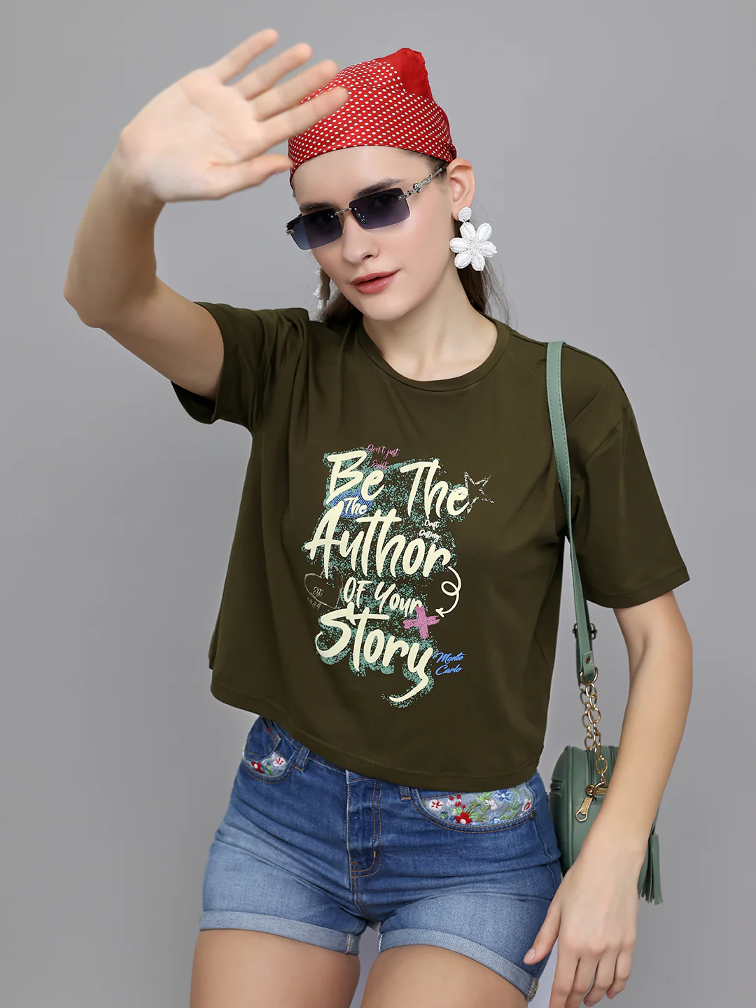 Women Olive Printed Round Neck Half Sleeve Top - Image 7