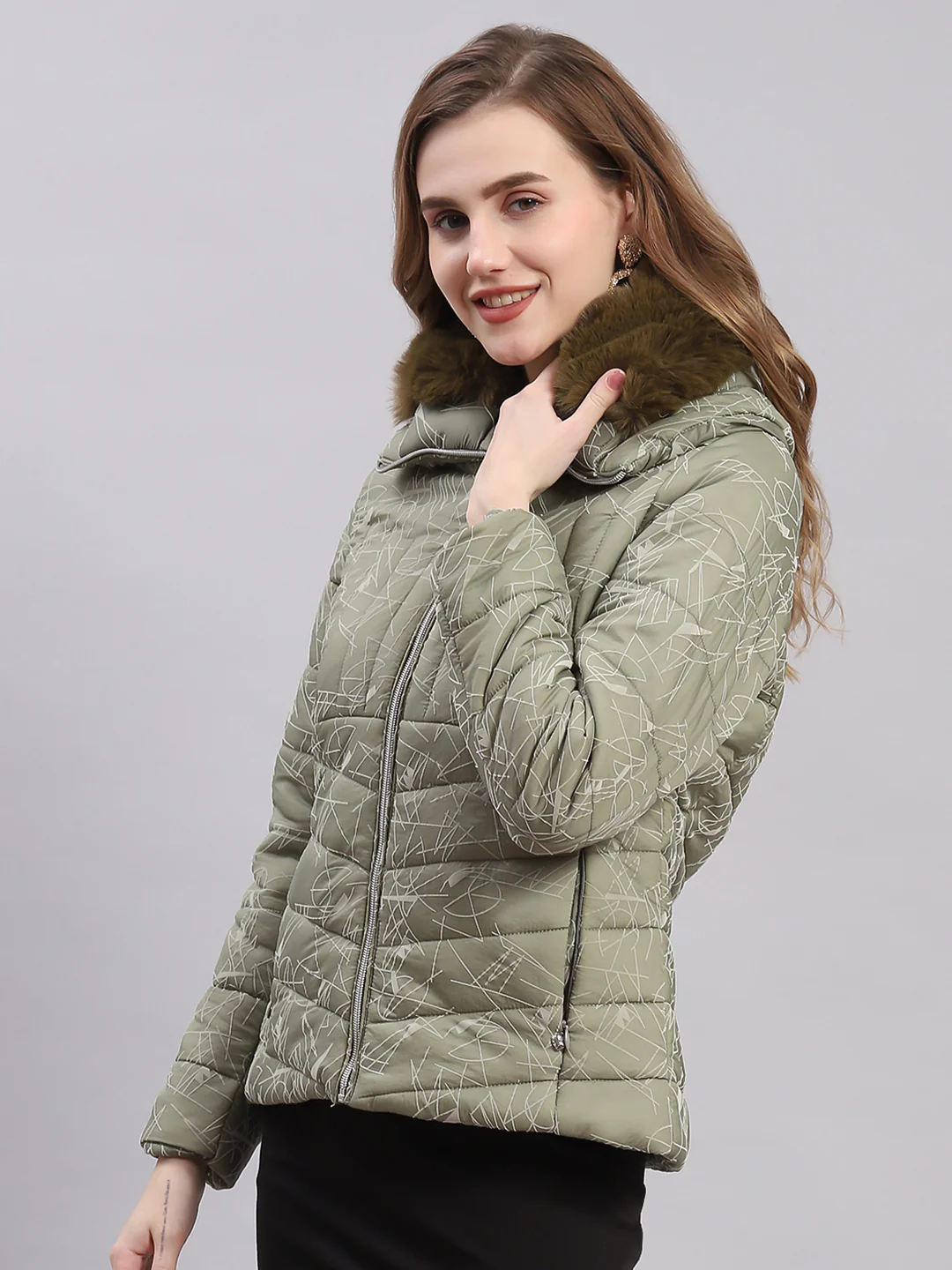 Women Olive Printed Spread Collar Full Sleeve Jackets - Image 3