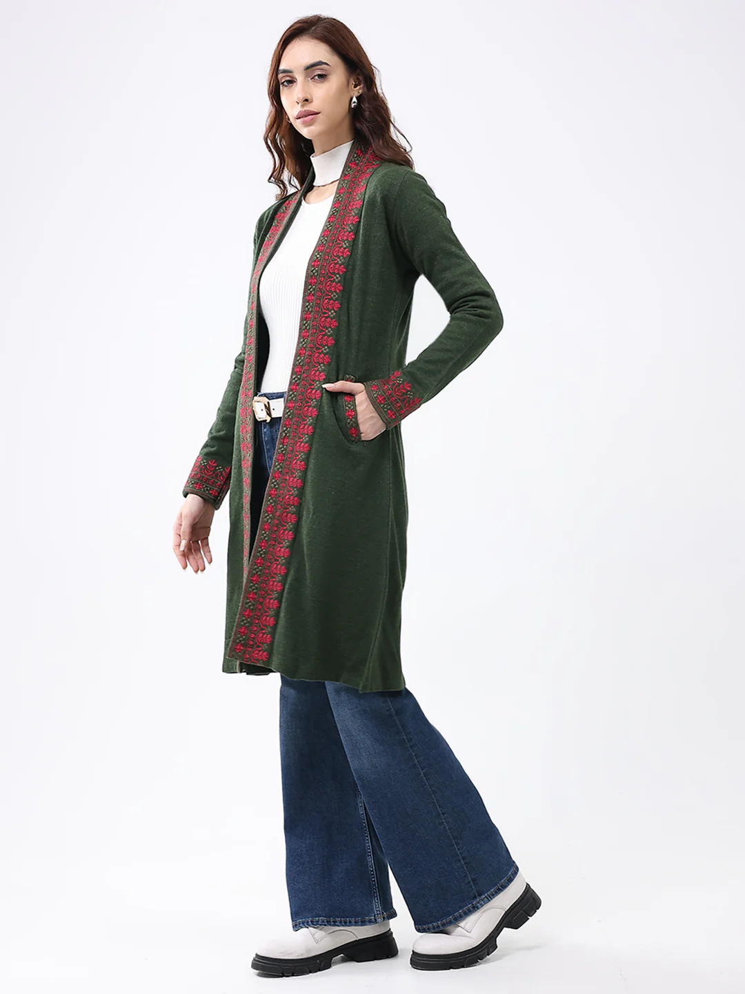 Women Olive Self Design Collar Full Sleeve Cardigan - Image 3