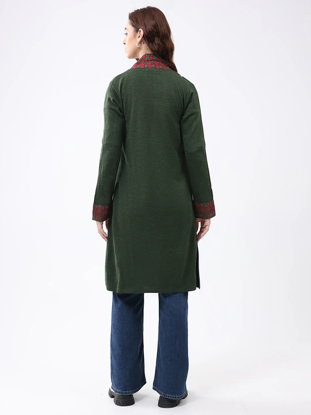 Women Olive Self Design Collar Full Sleeve Cardigan - Image 5