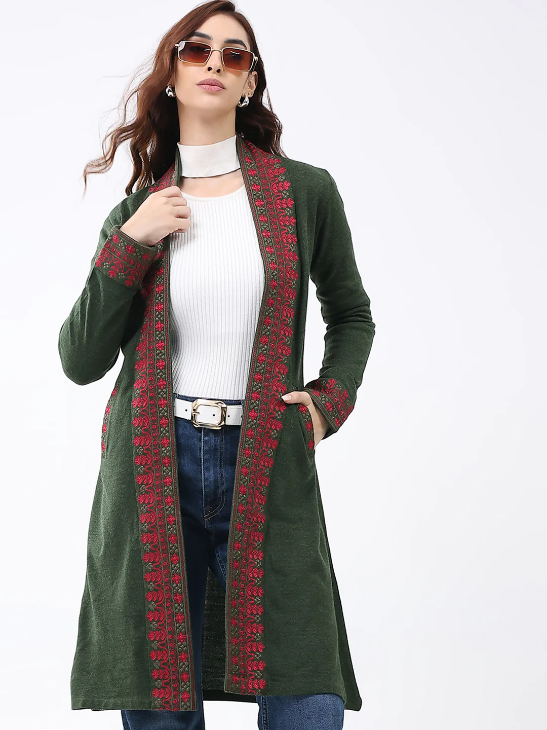 Women Olive Self Design Collar Full Sleeve Cardigan - Image 6