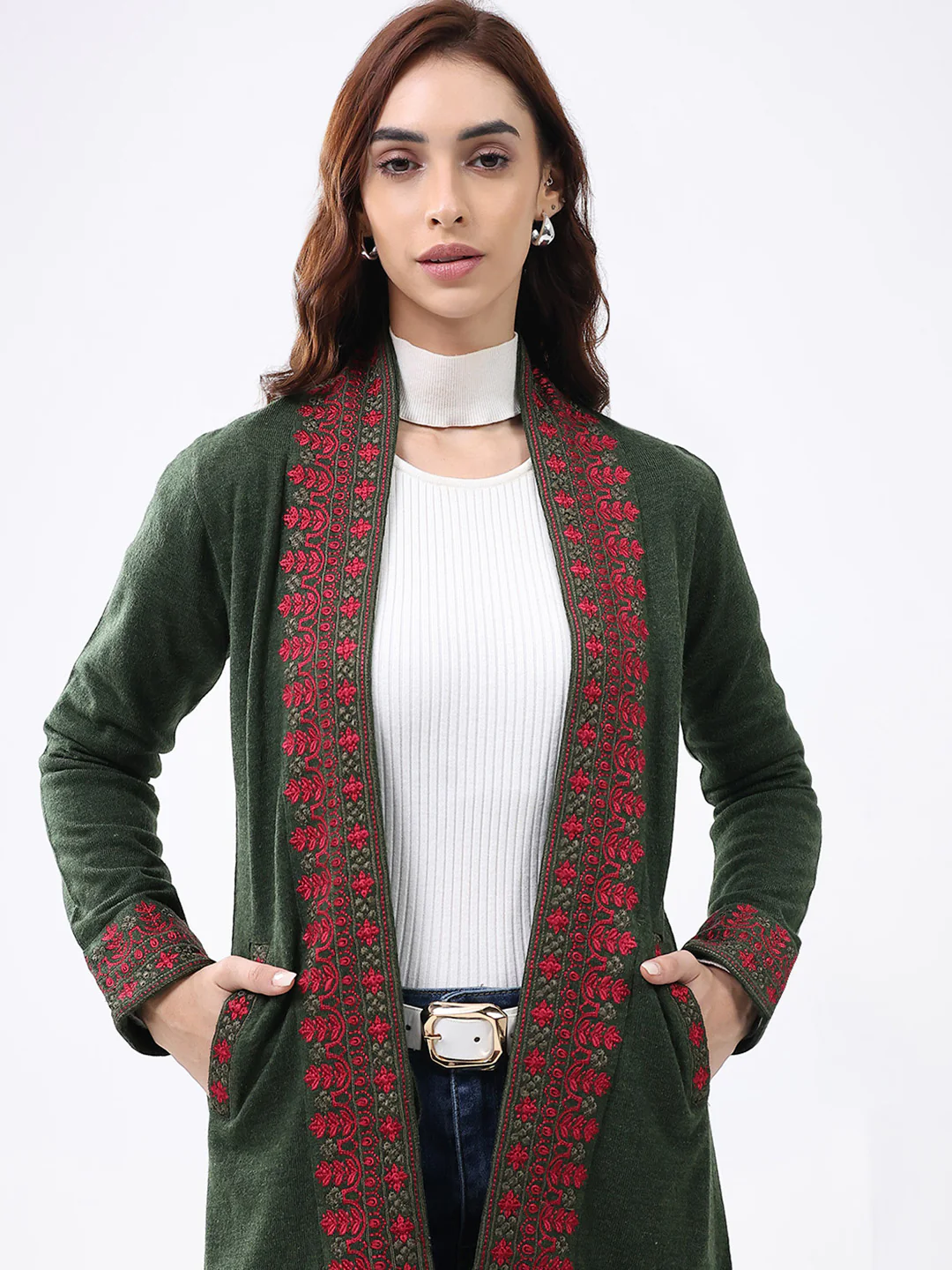 Women Olive Self Design Collar Full Sleeve Cardigan - Image 7