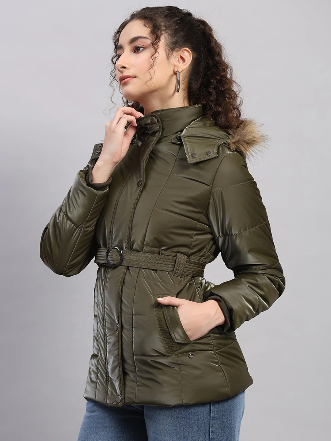 Women Olive Self Design Hooded Full Sleeve Jacket - Image 3