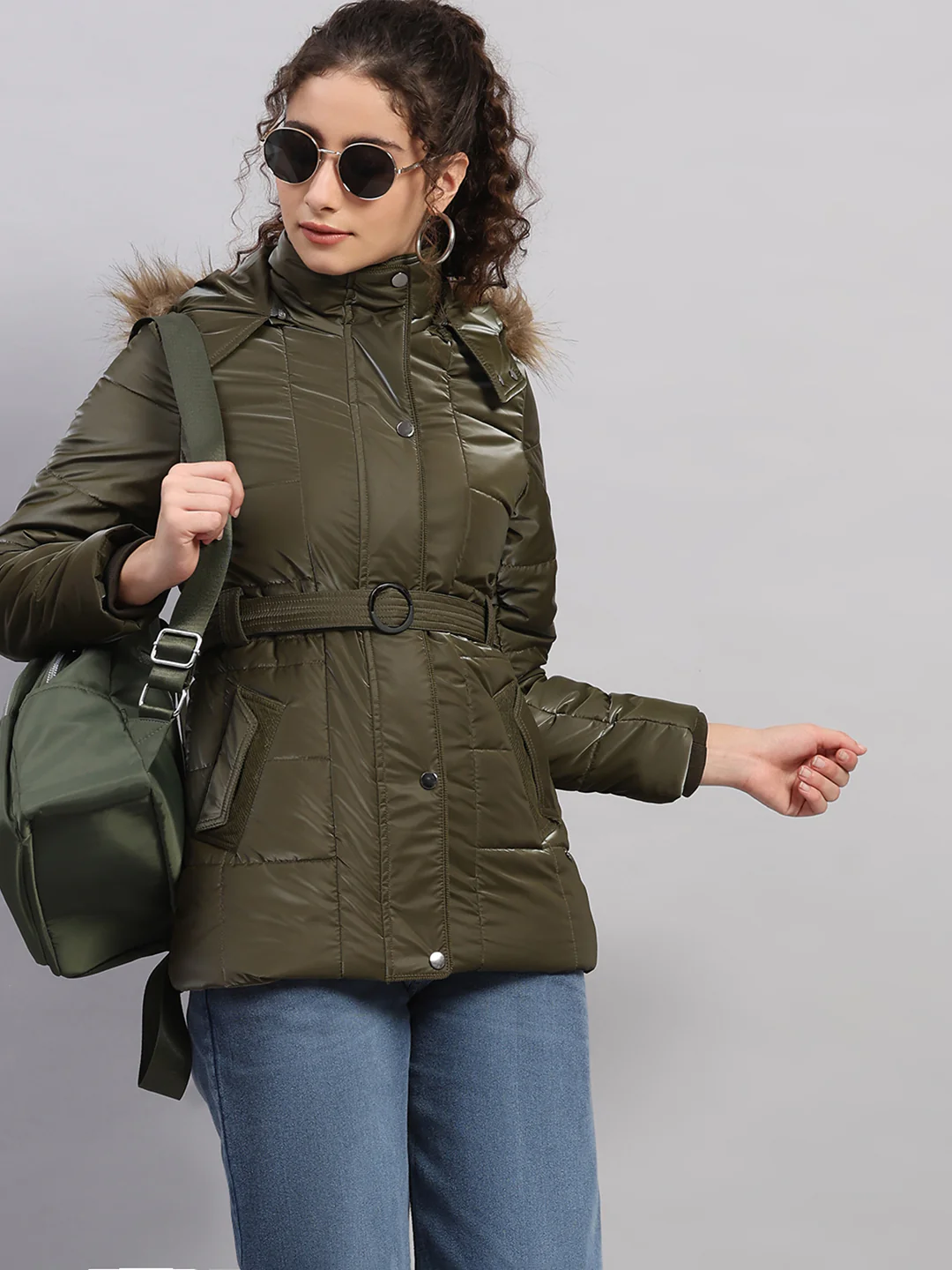 Women Olive Self Design Hooded Full Sleeve Jacket - Image 6