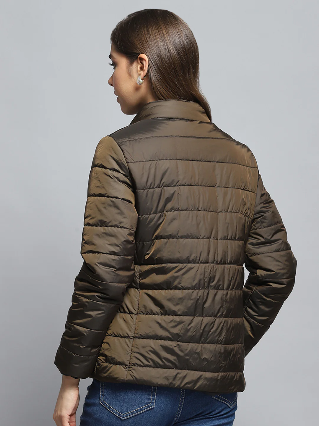 Women Olive Self Design Mock Neck Full Sleeve Jacket - Image 5