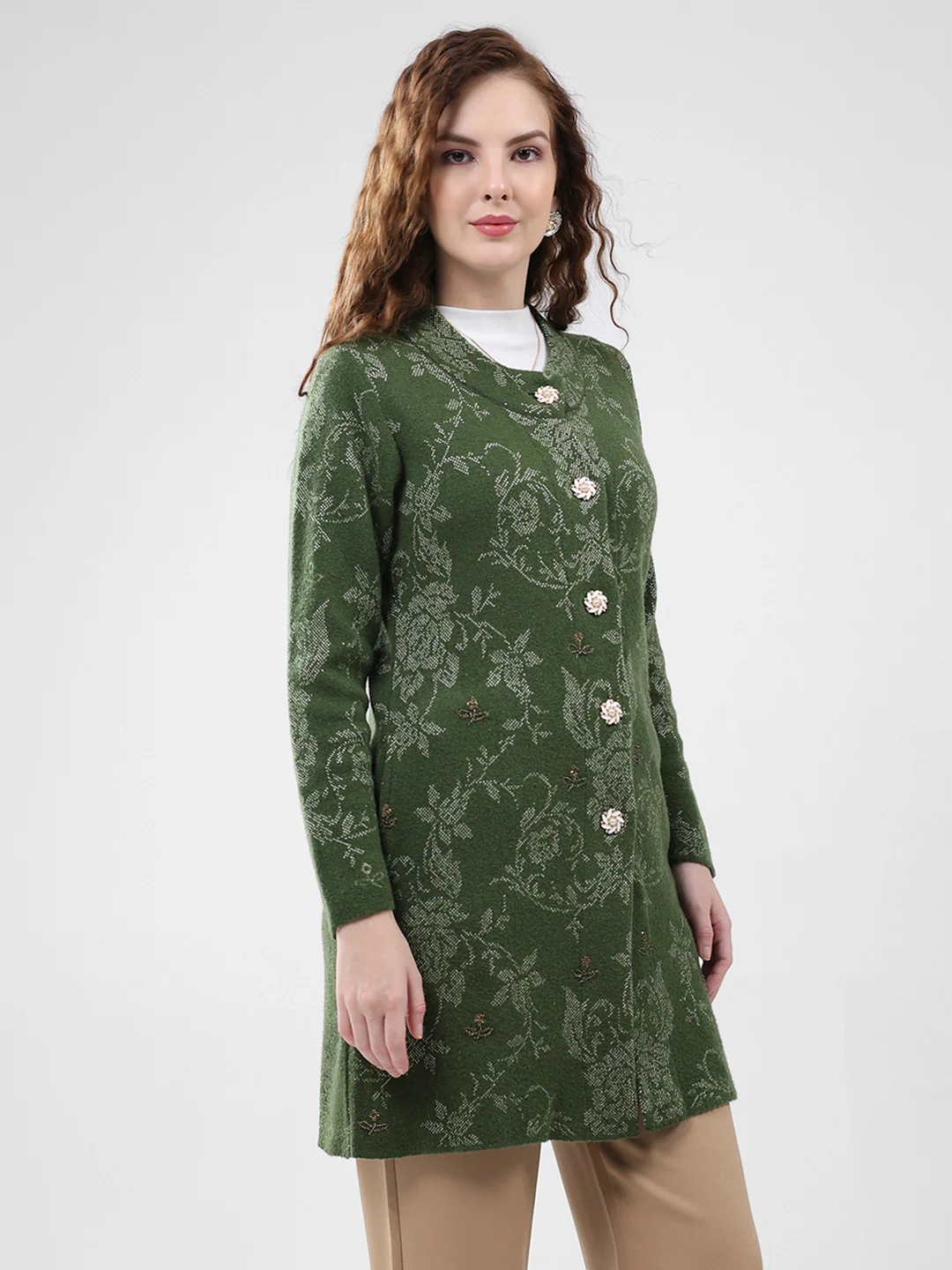 Women Olive Self Design Round Neck Full Sleeve Knitted Coat - Image 4