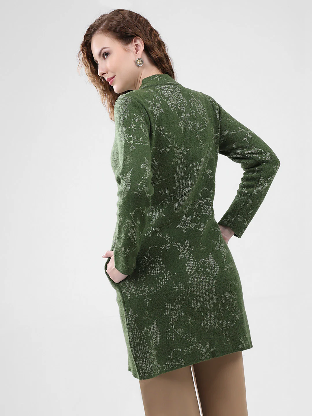 Women Olive Self Design Round Neck Full Sleeve Knitted Coat - Image 5