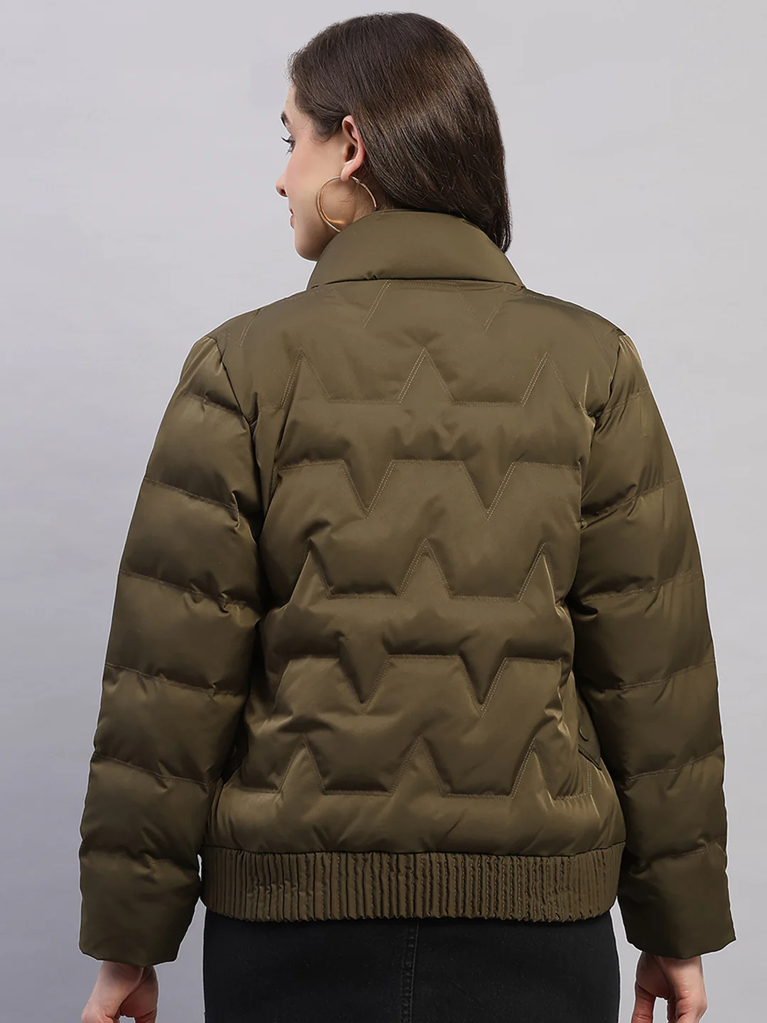 Women Olive Solid Collar Full Sleeve Jacket - Image 5