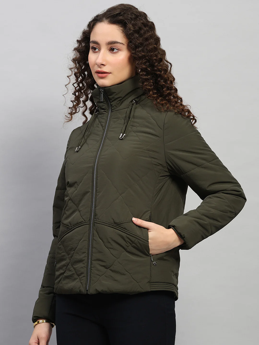 Women Olive Solid Collar Full Sleeve Jacket - Image 3