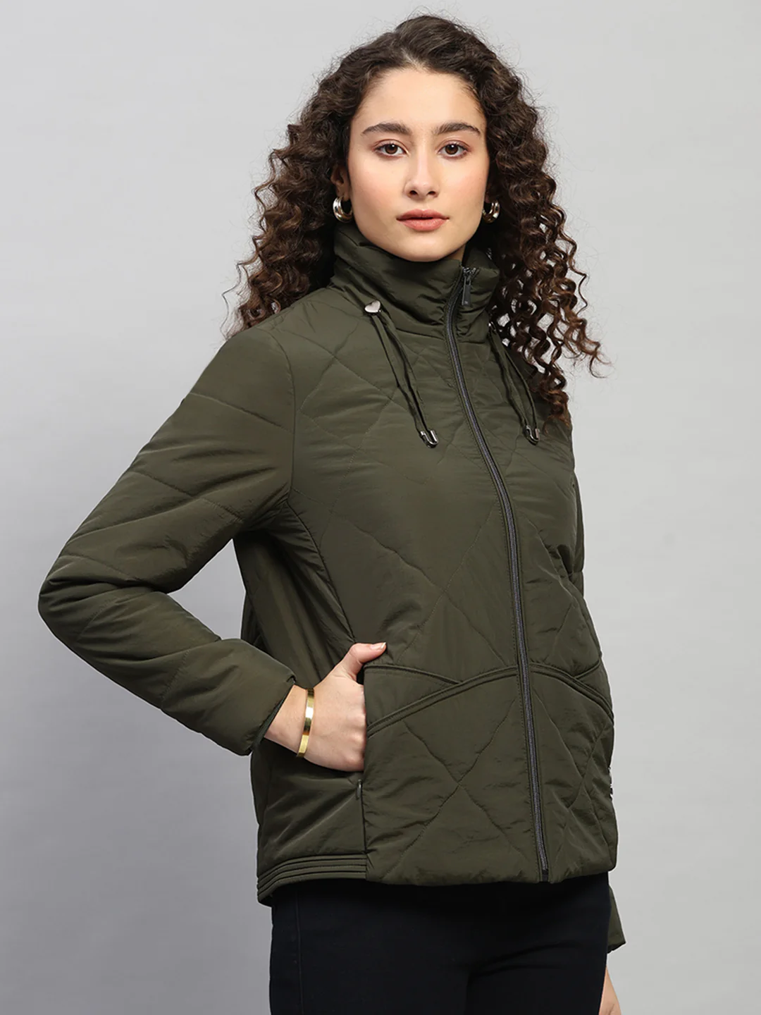 Women Olive Solid Collar Full Sleeve Jacket - Image 4