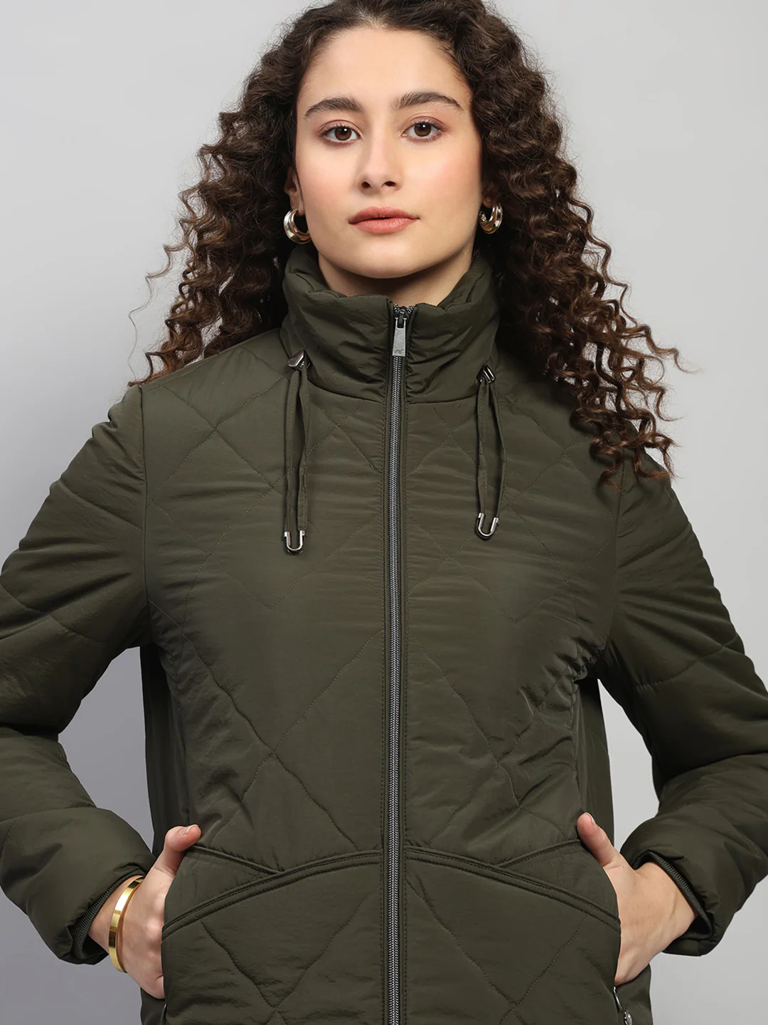 Women Olive Solid Collar Full Sleeve Jacket - Image 7