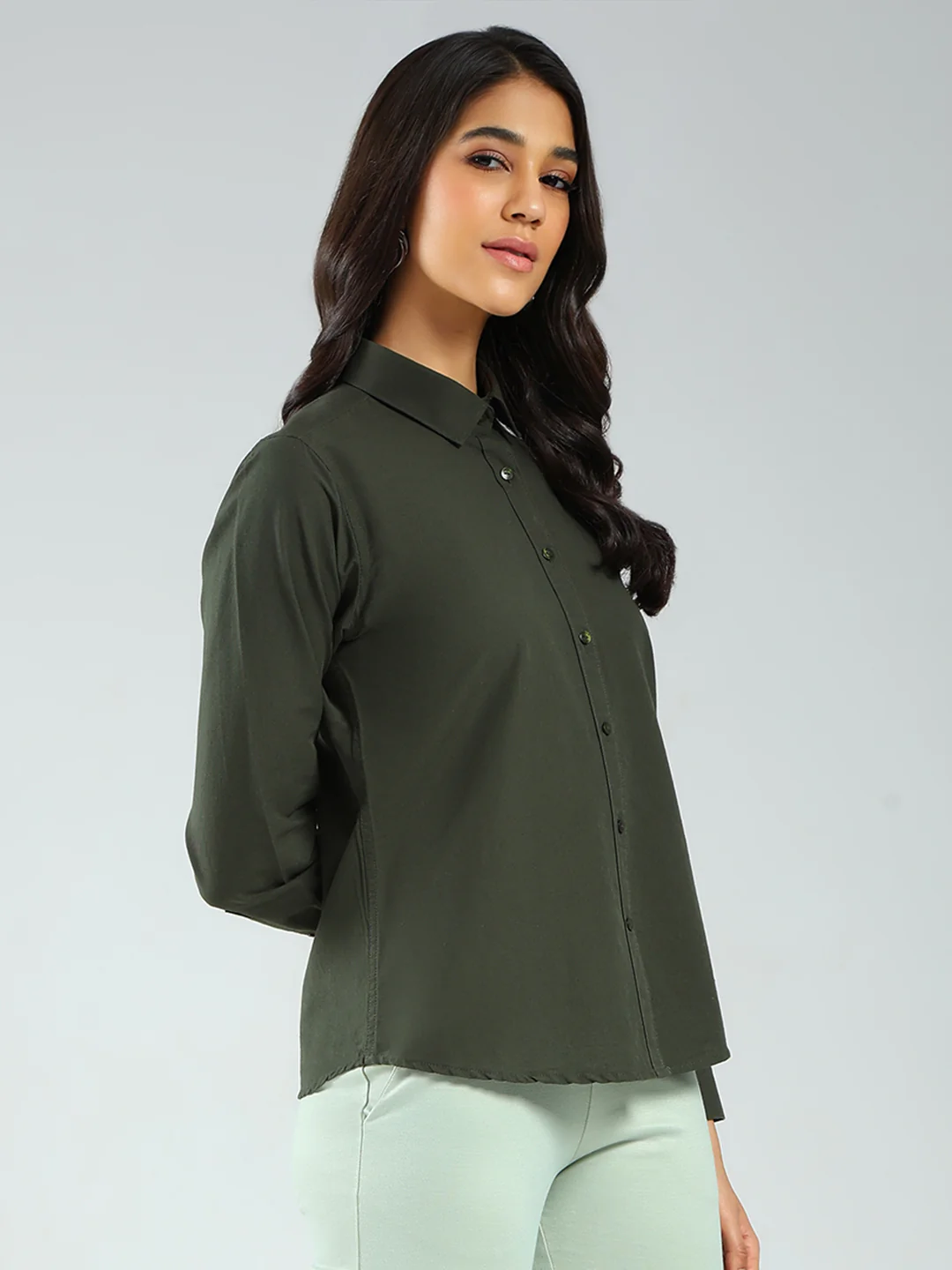 Rock.it Women Olive Solid Collar Full Sleeve Shirt - Image 4