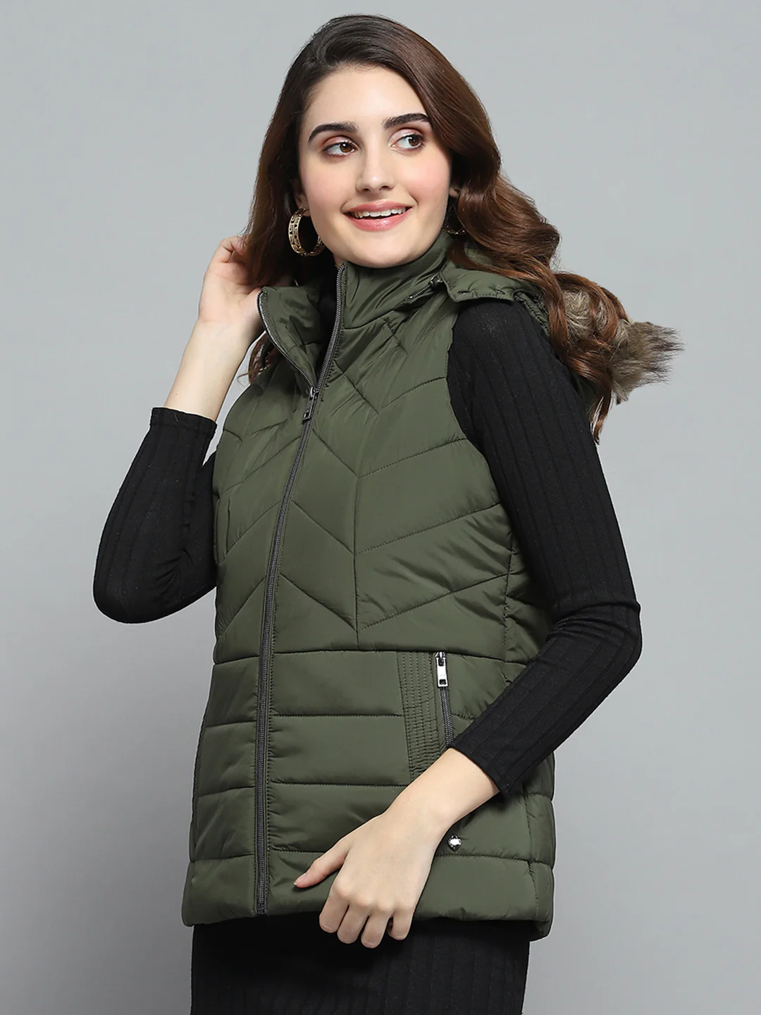 Women Olive Solid Detachable Hood Sleeveless Jacket - Image 3