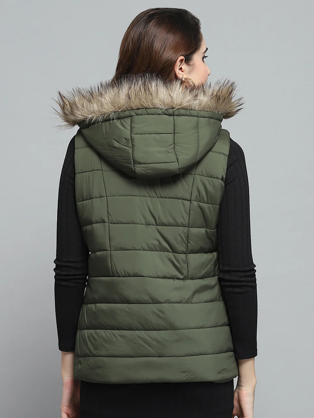 Women Olive Solid Detachable Hood Sleeveless Jacket - Image 5