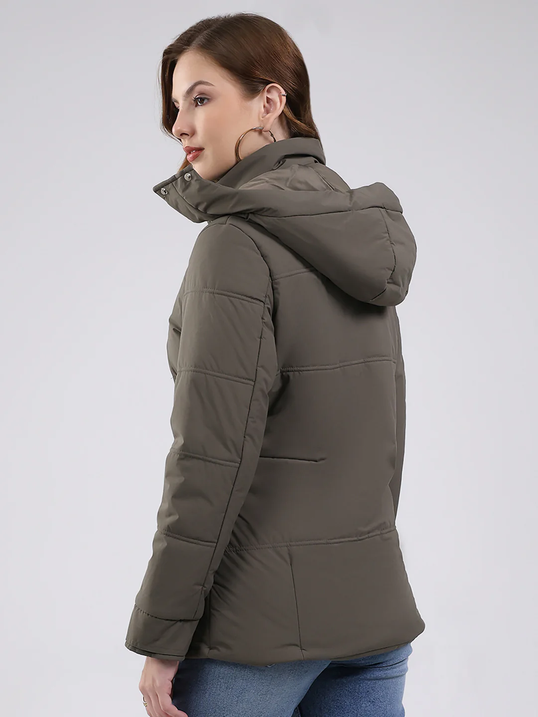 Women Olive Solid Hooded Full Sleeve Jacket - Image 5