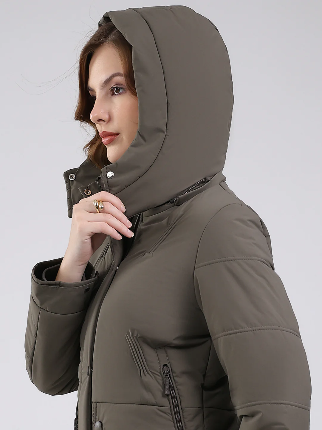 Women Olive Solid Hooded Full Sleeve Jacket - Image 7