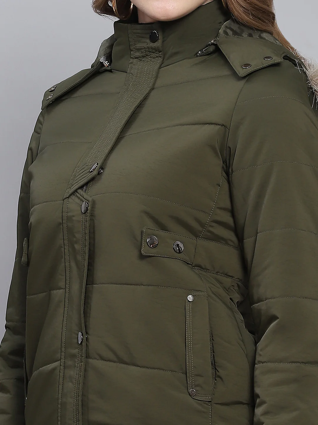 Women Olive Solid Hooded Full Sleeve Jackets - Image 7