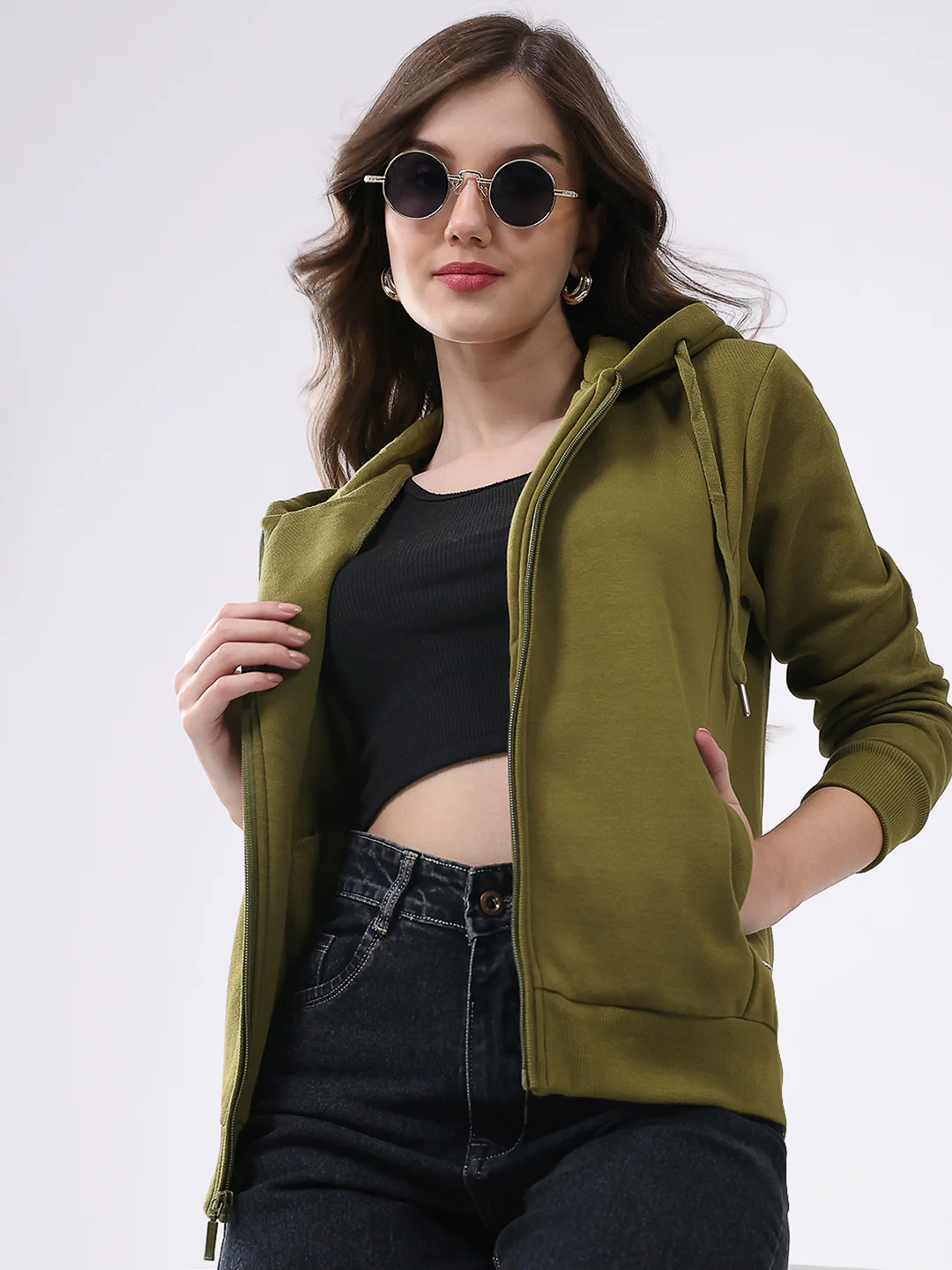 Women Olive Solid Hooded Full Sleeve Sweatshirt - Image 6