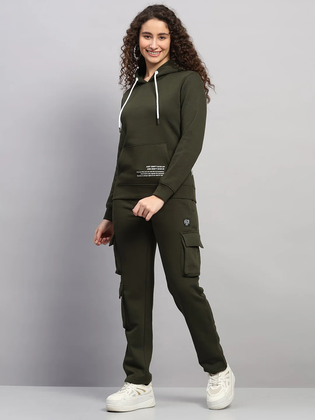 Rock.it Women Olive Solid Hooded Full Sleeve Winter Tracksuit - Image 3