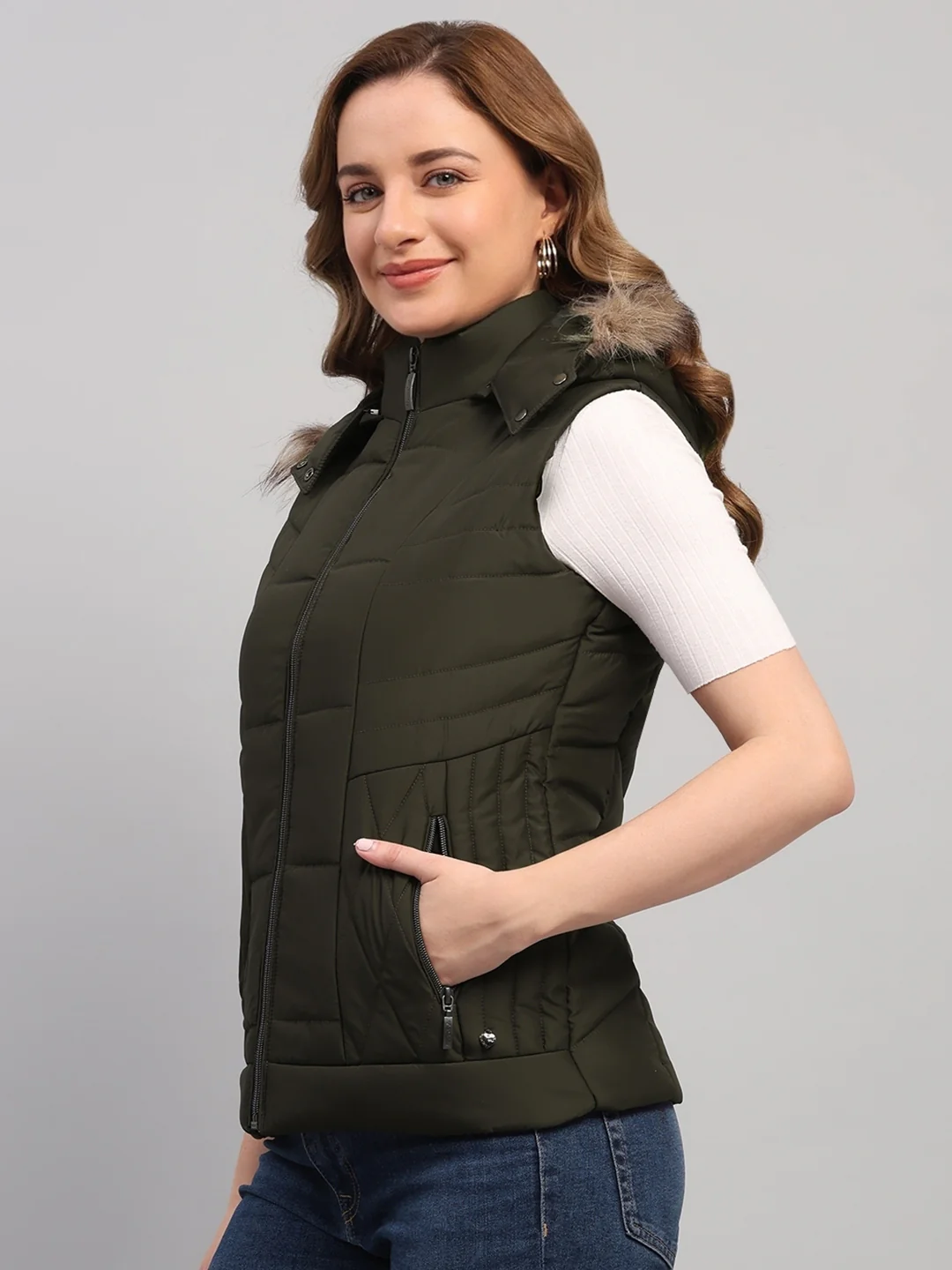 Women Olive Solid Hooded Sleeveless Jacket - Image 3