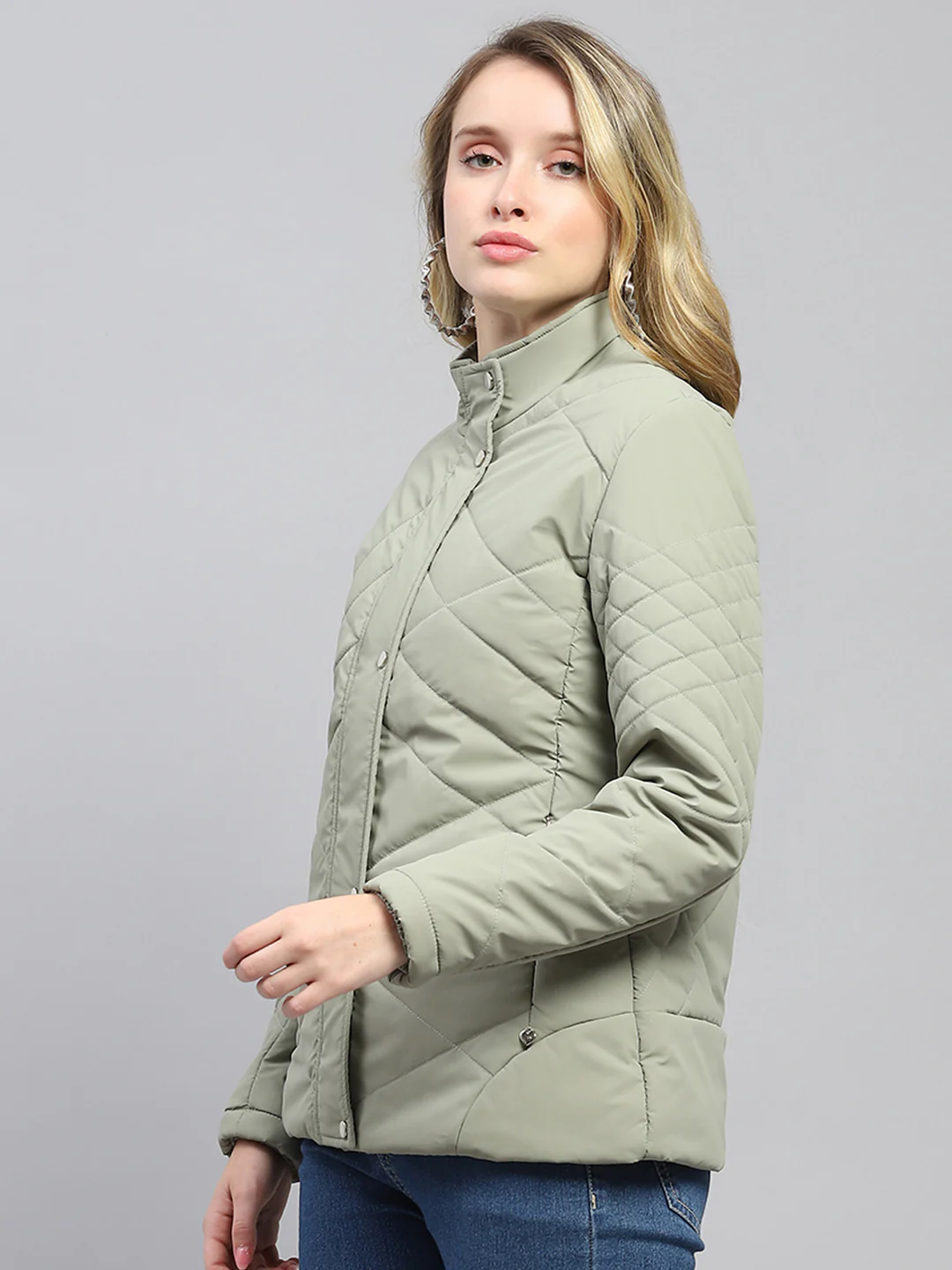 Women Olive Solid Mock Neck Full Sleeve Jacket - Image 3