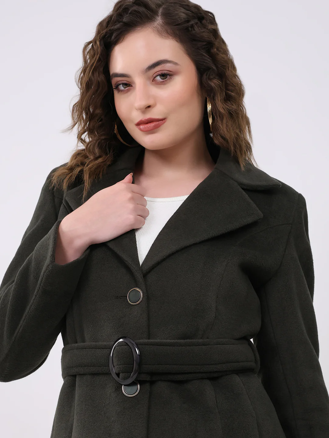 Women Olive Solid Notch Lapel Collar Full Sleeve Coat - Image 6