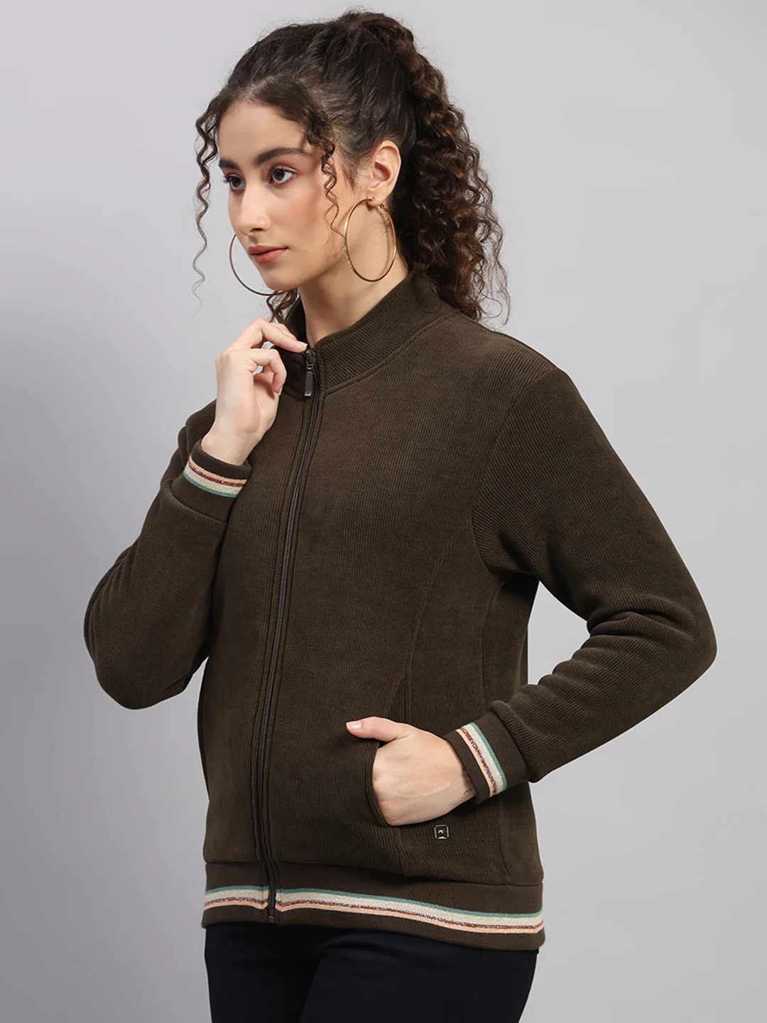 Women Olive Solid Round Neck Full Sleeve Sweatshirt - Image 3