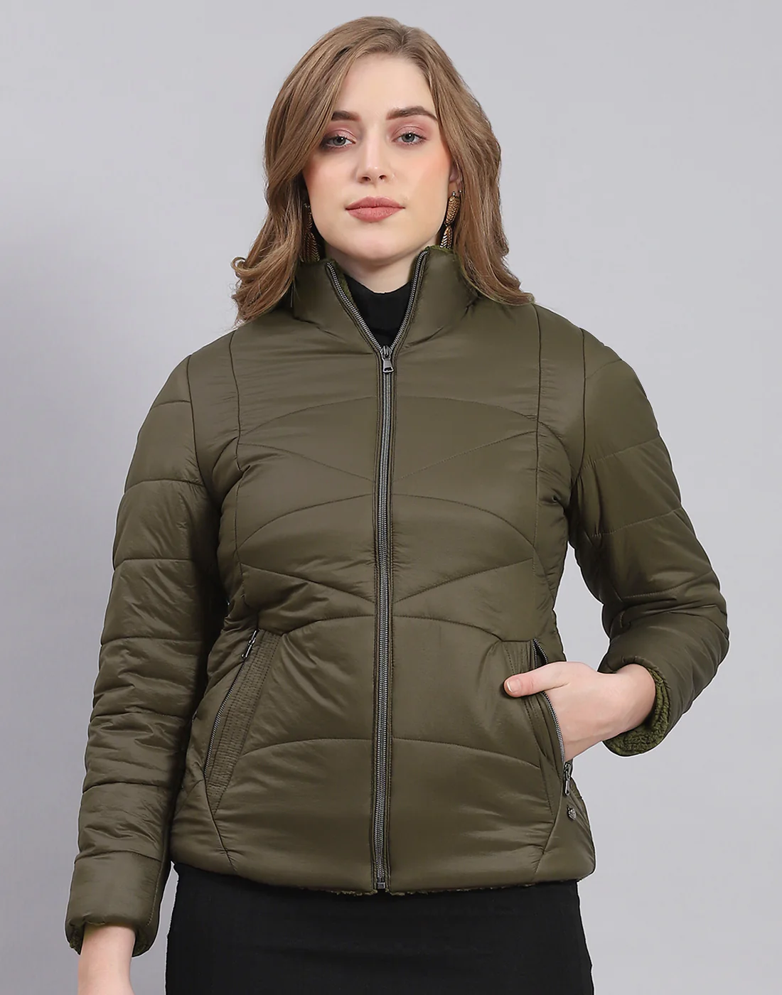 Women Olive Solid Stand Collar Full Sleeve Jacket - Image 2