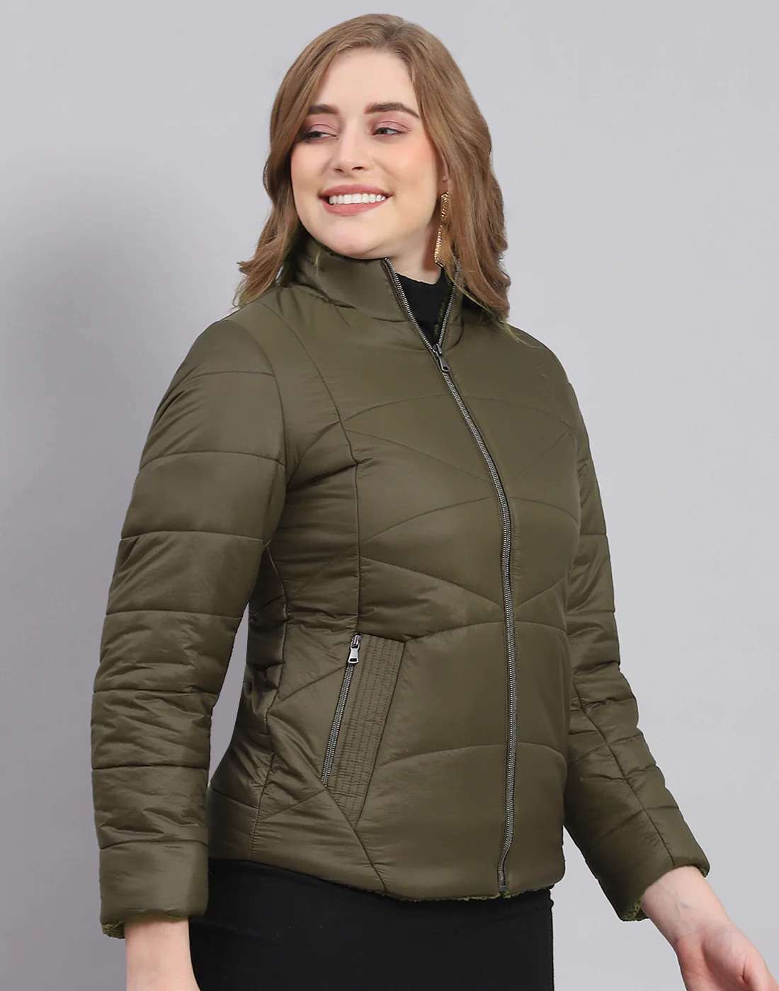 Women Olive Solid Stand Collar Full Sleeve Jacket - Image 4