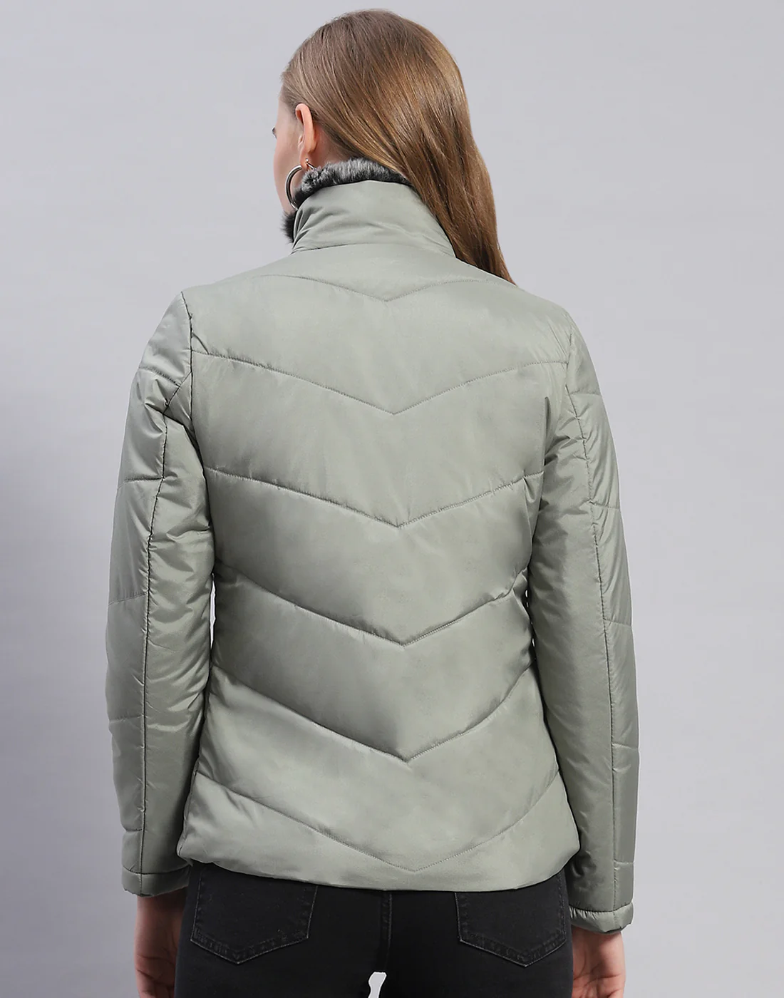 Women Olive Solid Stand Collar Full Sleeve Jacket - Image 5