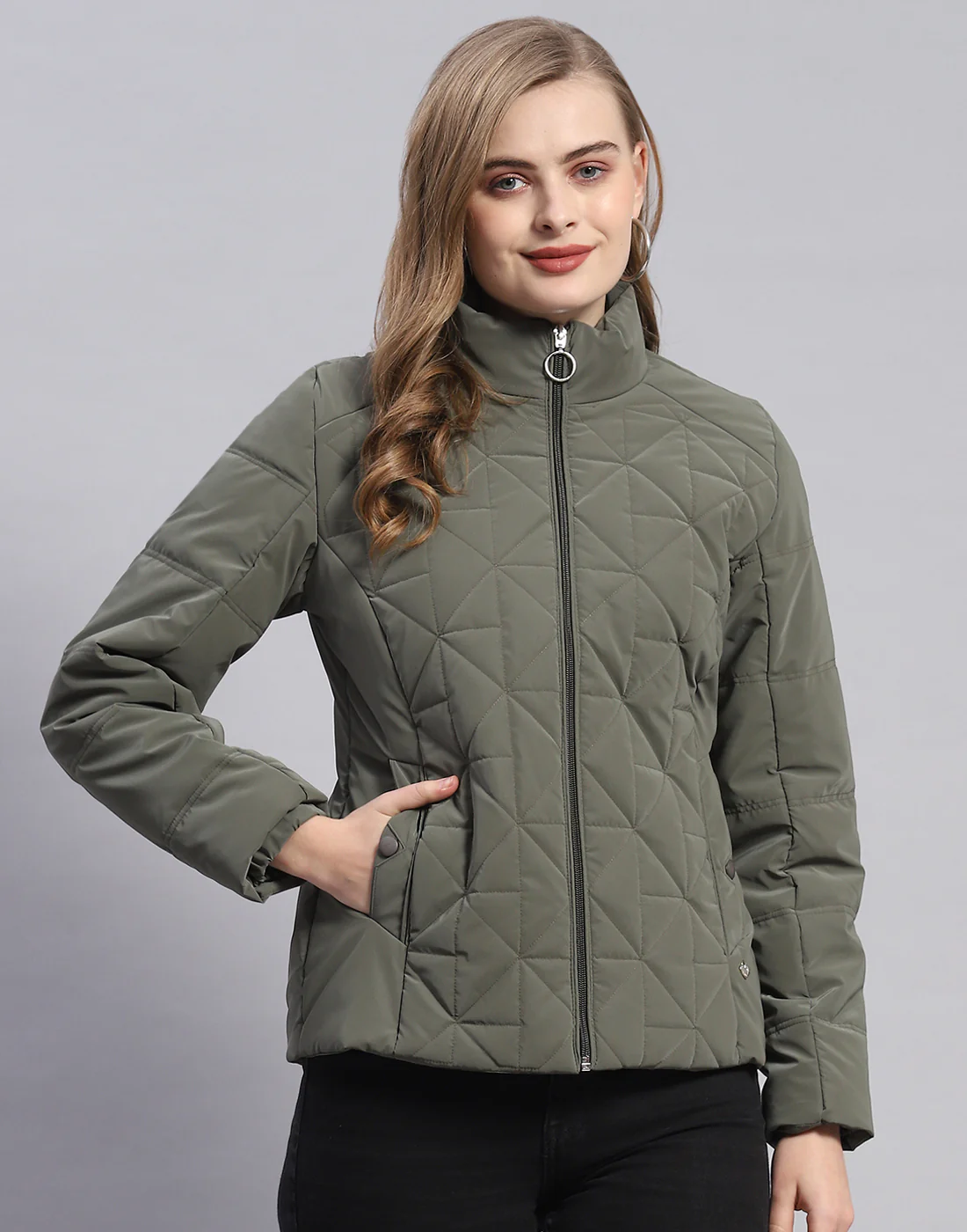 Women Olive Solid Stand Collar Full Sleeve Jacket - Image 2