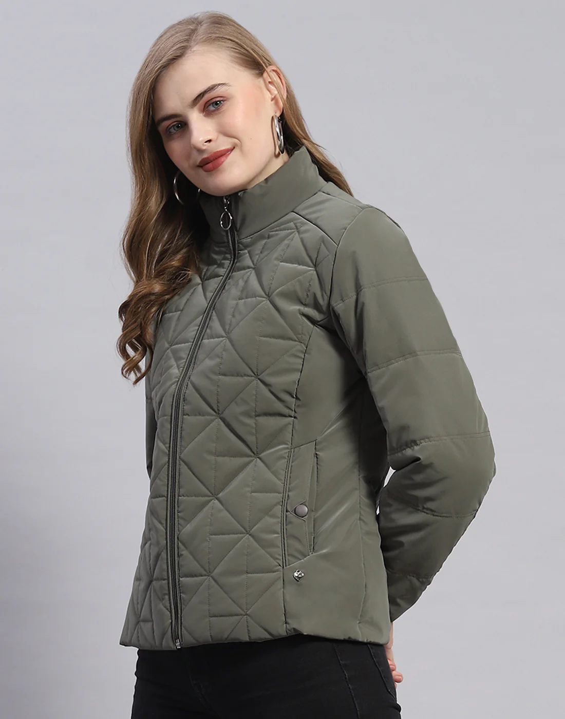 Women Olive Solid Stand Collar Full Sleeve Jacket - Image 3