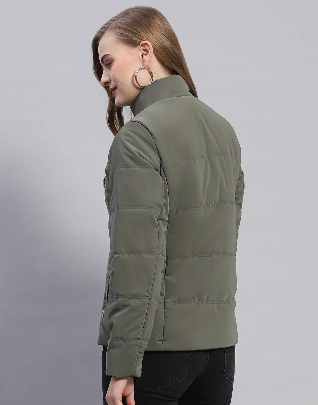 Women Olive Solid Stand Collar Full Sleeve Jacket - Image 5