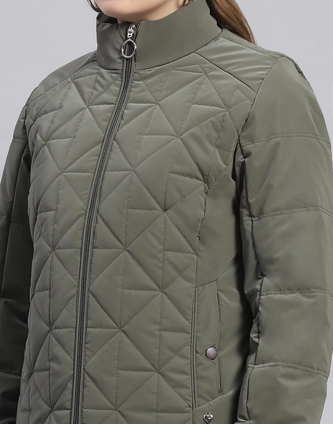 Women Olive Solid Stand Collar Full Sleeve Jacket - Image 6