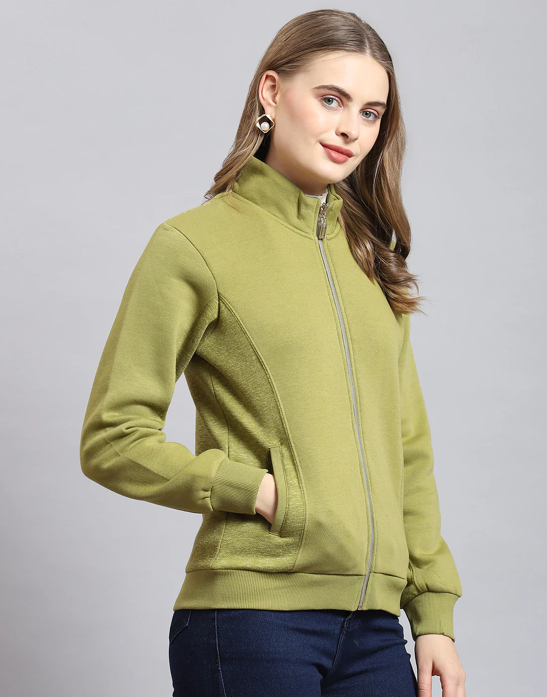 Women Olive Solid Stand Collar Full Sleeve Sweatshirt - Image 4