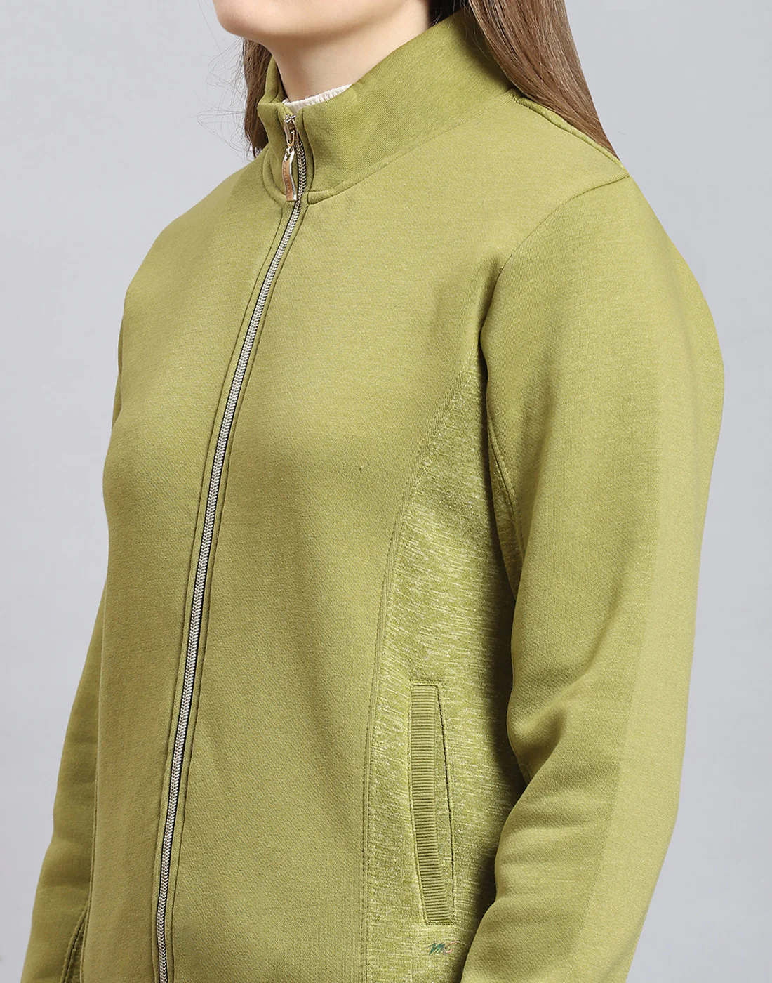 Women Olive Solid Stand Collar Full Sleeve Sweatshirt - Image 7