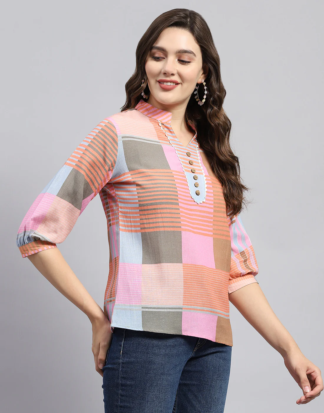 Women Orange Check Mandarin Neck 3/4 Sleeve Top - Image 4