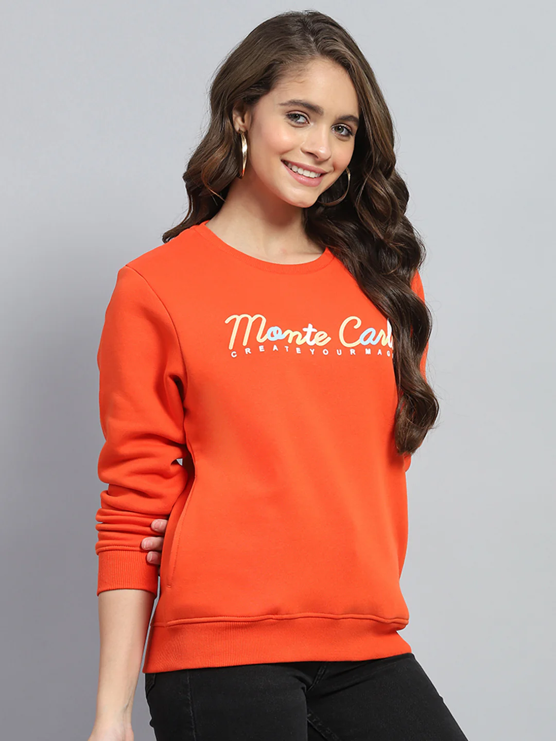 Women Orange Printed Round Neck Full Sleeve Sweatshirt - Image 4
