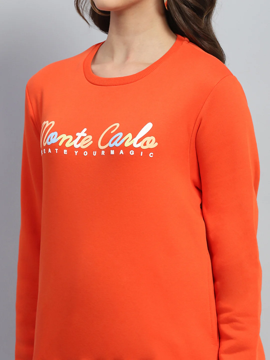 Women Orange Printed Round Neck Full Sleeve Sweatshirt - Image 6