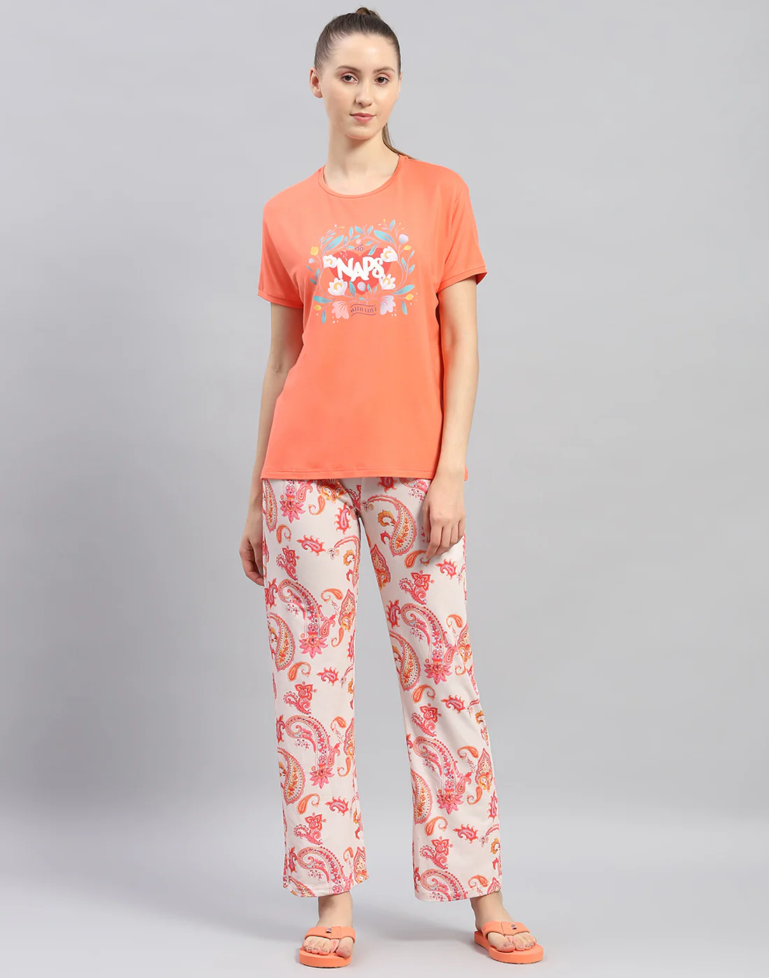 Women Orange Printed Round Neck Half Sleeve Lower Set - Image 2