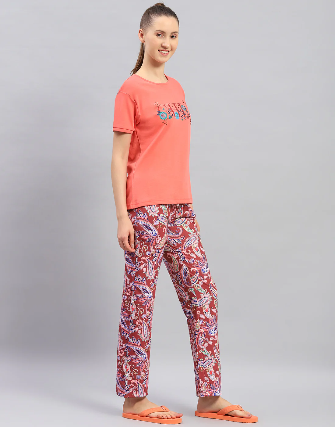 Women Orange Printed Round Neck Half Sleeve Lower Set - Image 5
